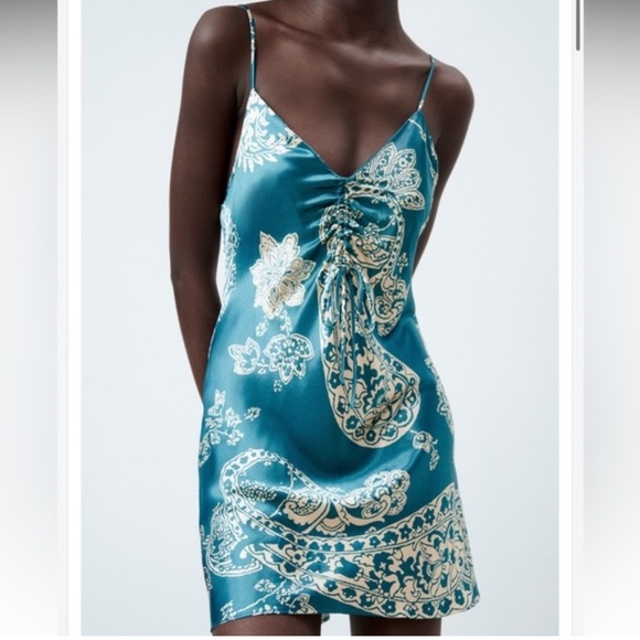 ZARA Turquoise Paisley Ruched Camisole Slip Dress‎ Mini - Picture 2 of 10